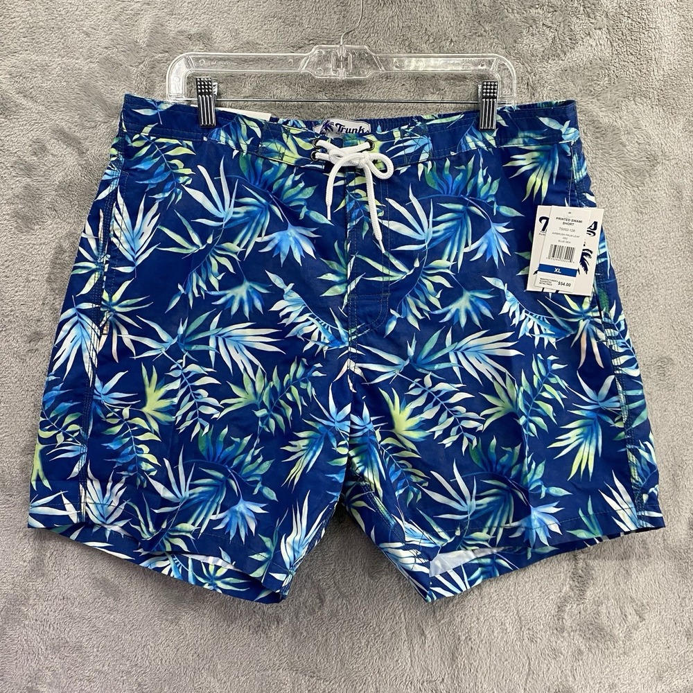NWT Trunks Surf & Swim Men's Blue & White 6" Leaf Print Swim Trunks Shorts XL
